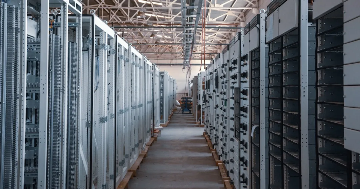 An aisle between rows of equipment racks in a data center facility.