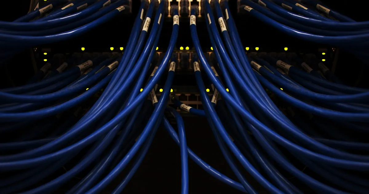 Labeled blue network cables plugged into a switch with link lights on.