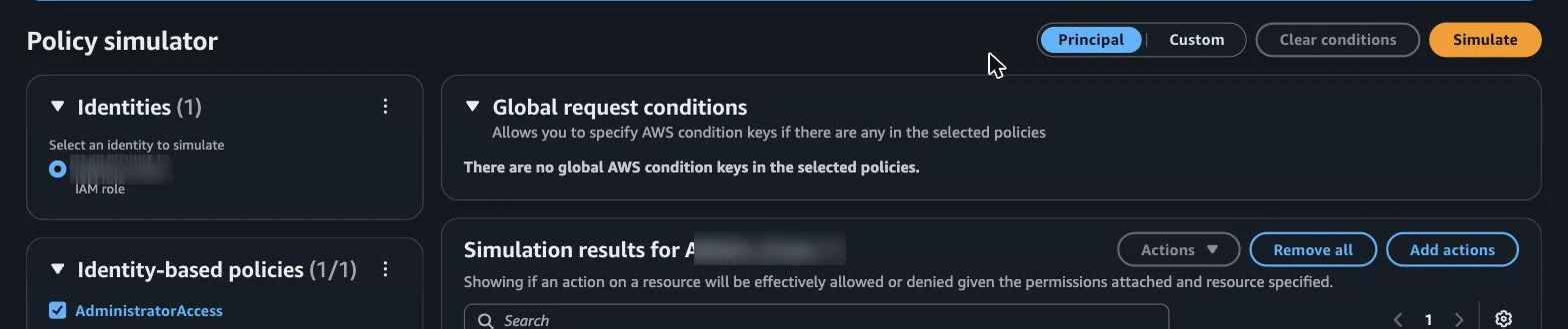 The Global request conditions panel in the IAM policy simulator reporting that there are no global AWS condition keys in the selected policies, while service control policies are included in the simulation