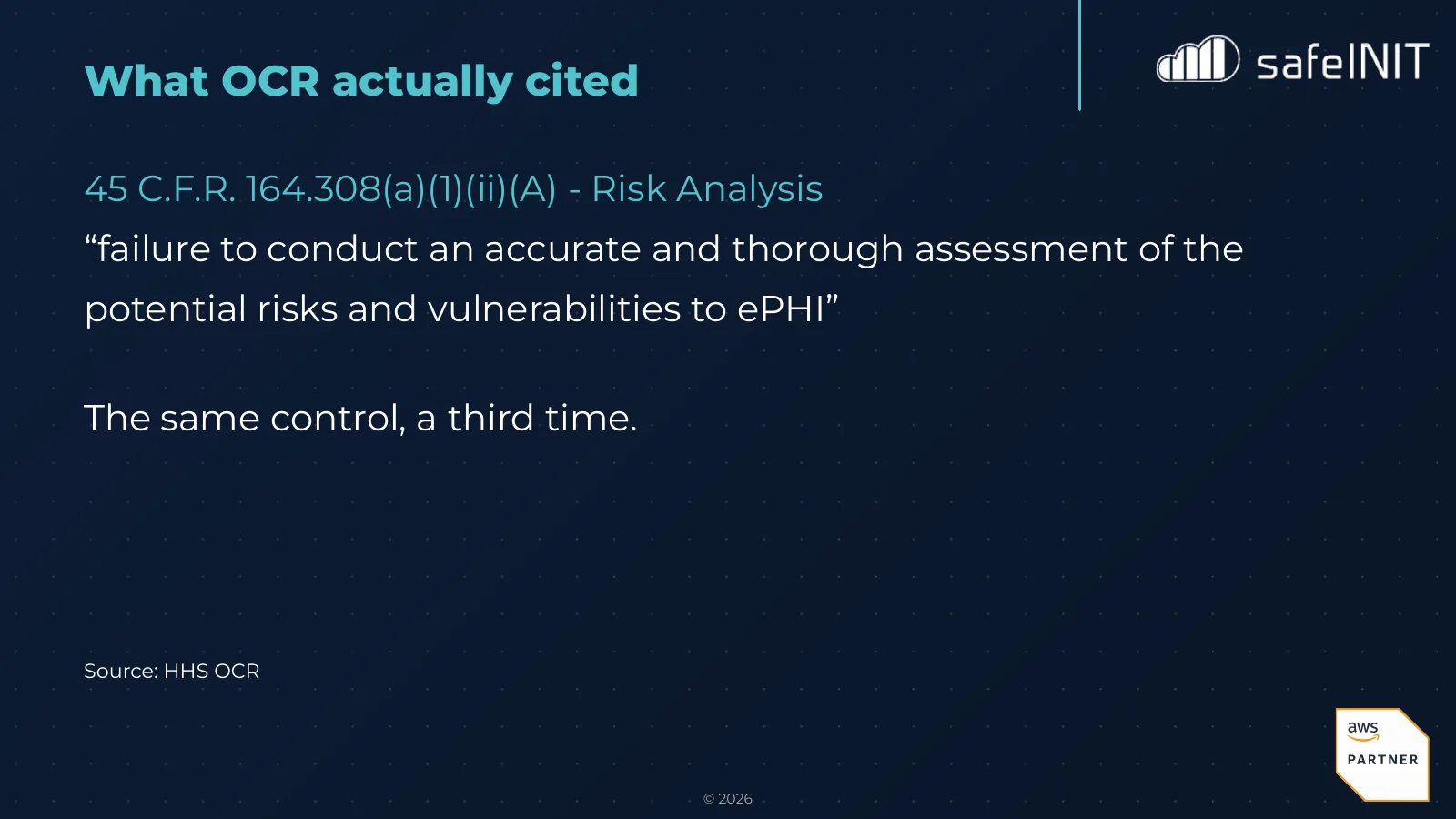 What OCR actually cited in case three: the same risk analysis control, 45 C.F.R. 164.308(a)(1)(ii)(A), a third time