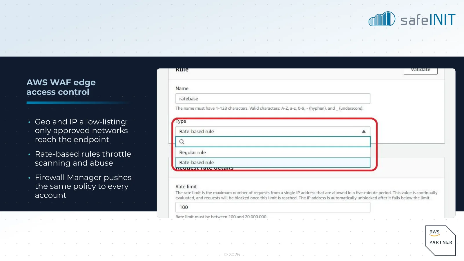 AWS WAF edge access control: geo and IP allow-listing so only approved networks reach the endpoint, rate-based rules that throttle scanning and abuse, Firewall Manager pushing the same policy to every account
