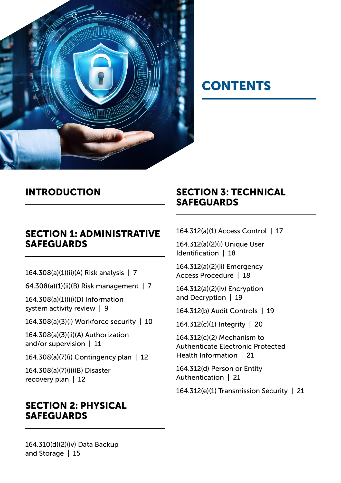 Table of contents covering Administrative, Physical, and Technical Safeguards
